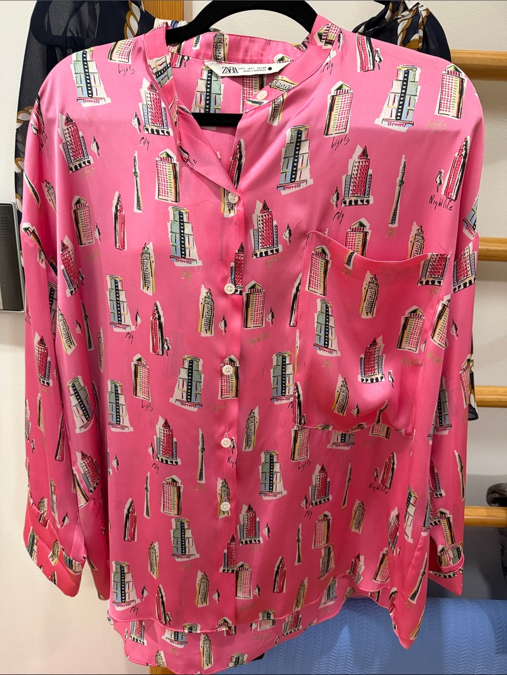 Zara Pink Satin Button-Down with Cityscape Print